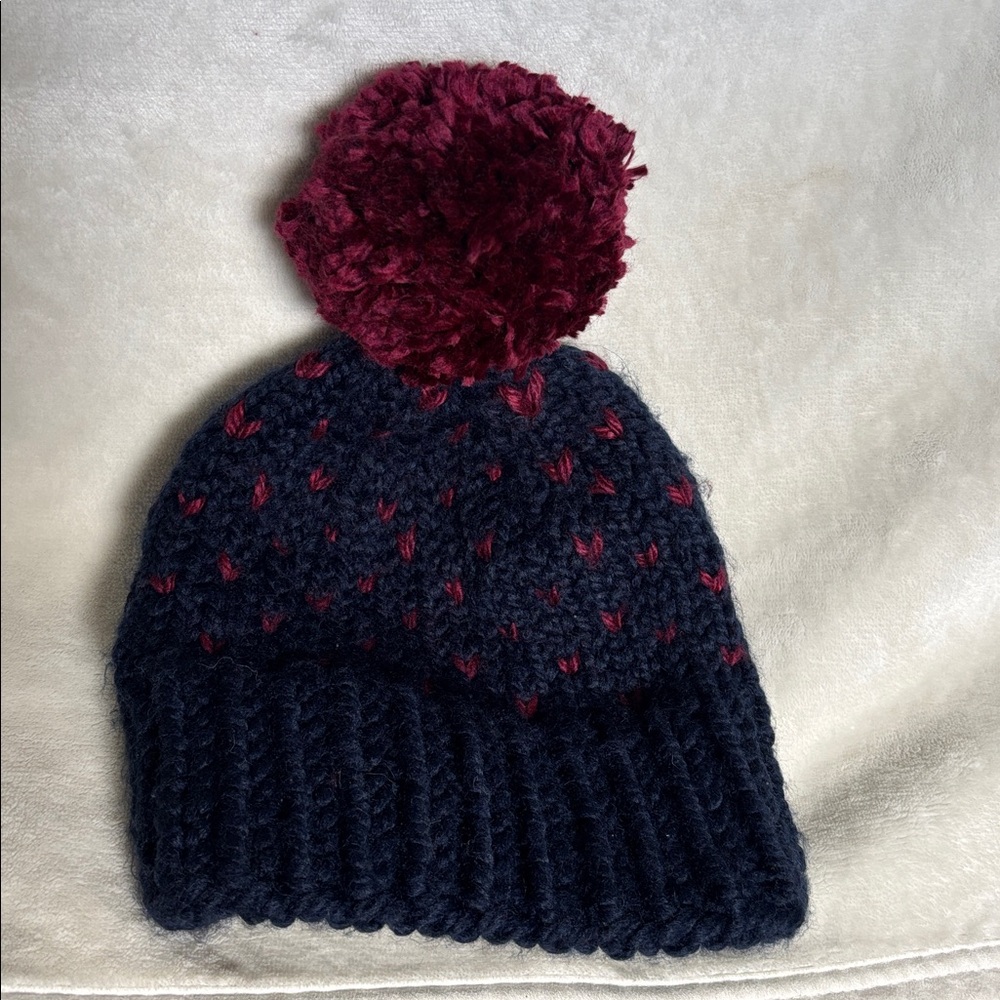 Hand Knit Pom-Pom Hat for Kids - Navy and Burgundy